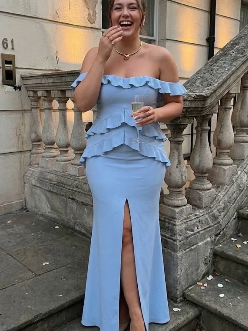 Oh Polly Elegant Off-Shoulder Ruffled Maxi Dress in Light Blue